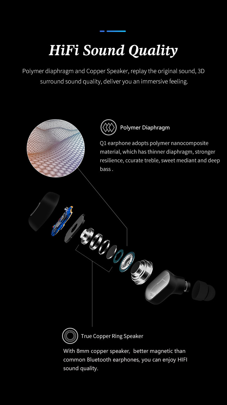 TWS Wireless Earphone Q1 High Quality BT Earbuds HiFi Sound Waterproof BT 5.0 for Smart Phone