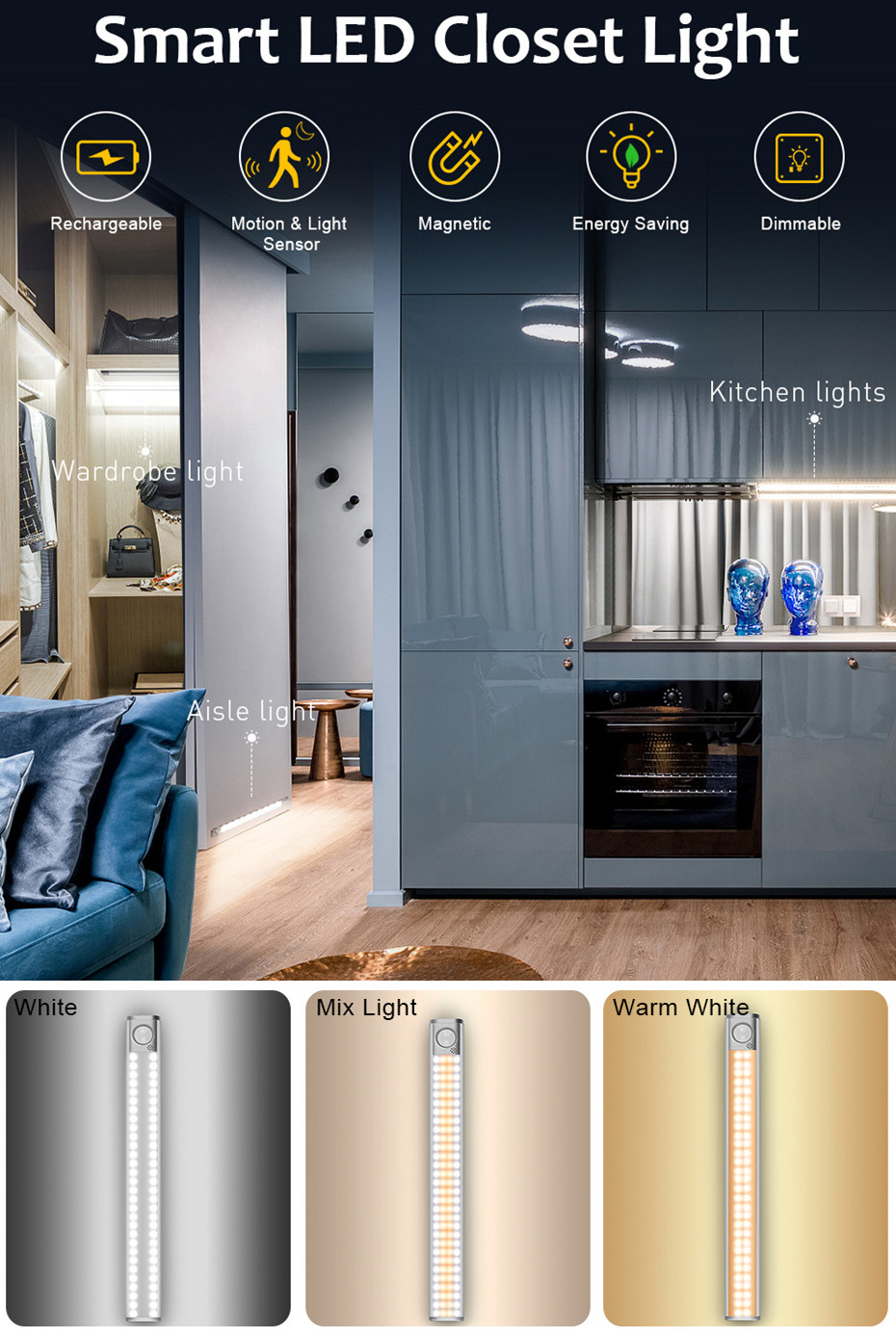 30CM 120LED 2.5W USB Rechargeable Motion Sensor Light For Closet