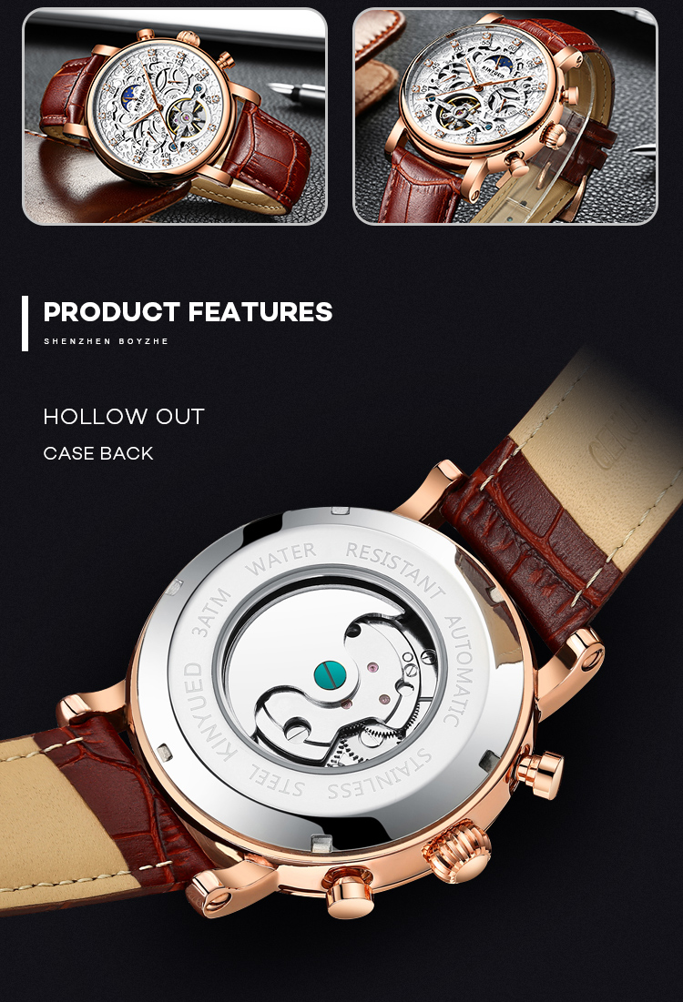 KINYUED Watch Leather Strap Tourbillon Skeleton Watches Men Luxury In Stock Automatic Mechanical Watch
