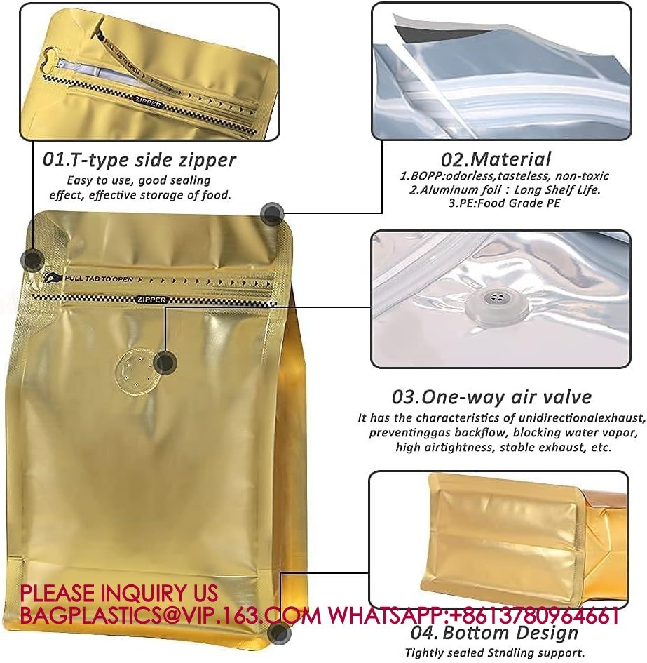 Sealable Coffee Bags Valve Barrier Flat Bottom Standing Coffee Beans Storage Bags pack