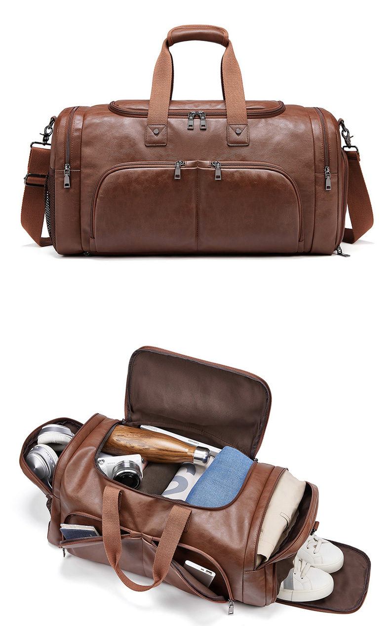 MingLu Waterproof Brown PU Leather Duffle Bag Male Duffle Bag Fashionable