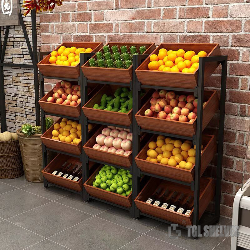 Wooden Steel Fruit And Vegetable Rack for Store 1200×800mm Size OEM
