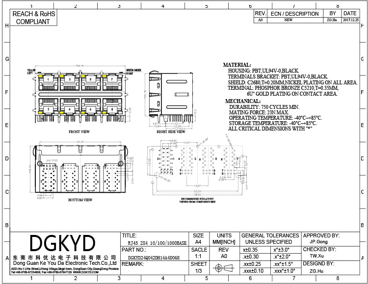 DGKYD24Q042DH14A4D068 Multi-Port Socket 10P8C Connector Gigabit 2X4 Modular Interface DGKYD With Light Strip Shield