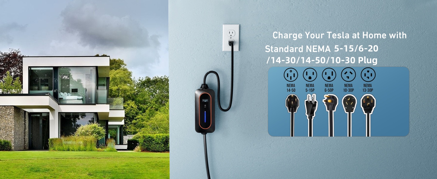 110V - 240V Level 2 Tesla EV Charger 32A / 16A With 25FT Cable NEMA 5-15/6-20/14-30/14-50/10-30 Plug