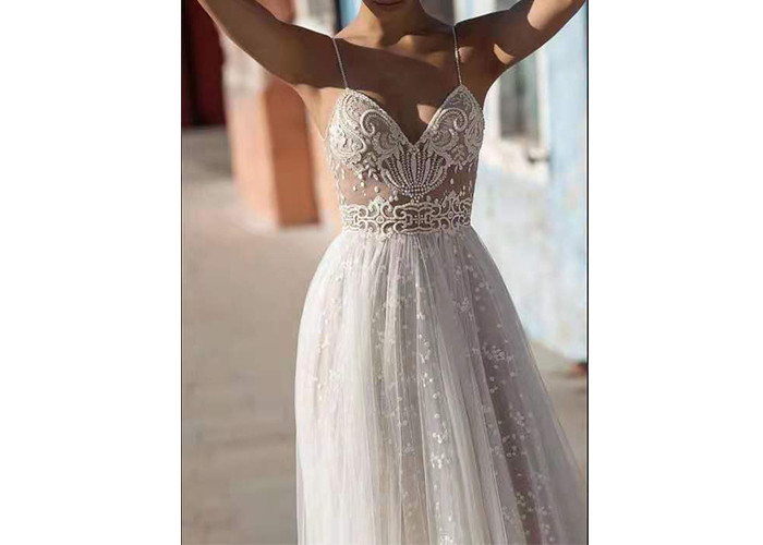 Off White Sling High Slit Lace A Line Bridal Gowns With Many Beads