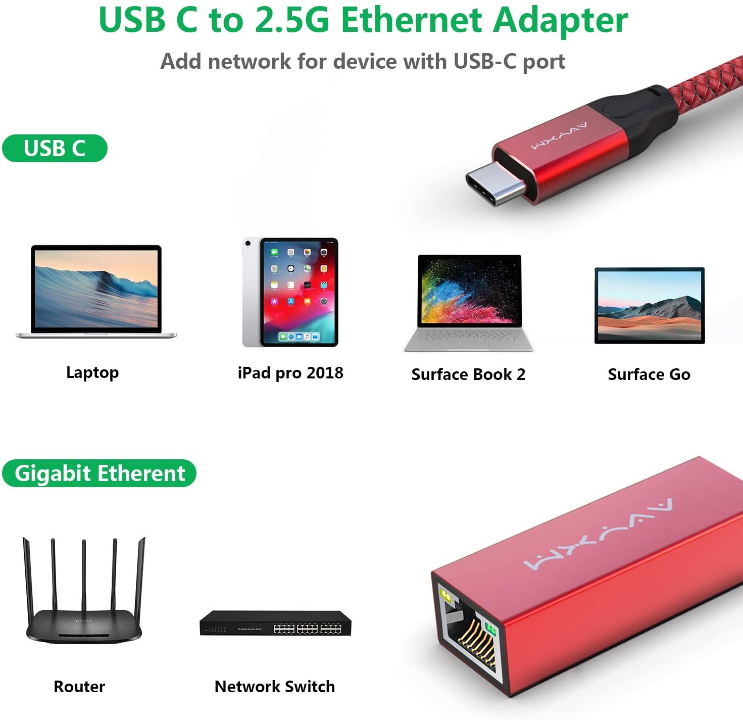 100M USB C Ethernet Adapter Type C To RJ45 802.11n 5G Compatible With MacBook Pro 2019