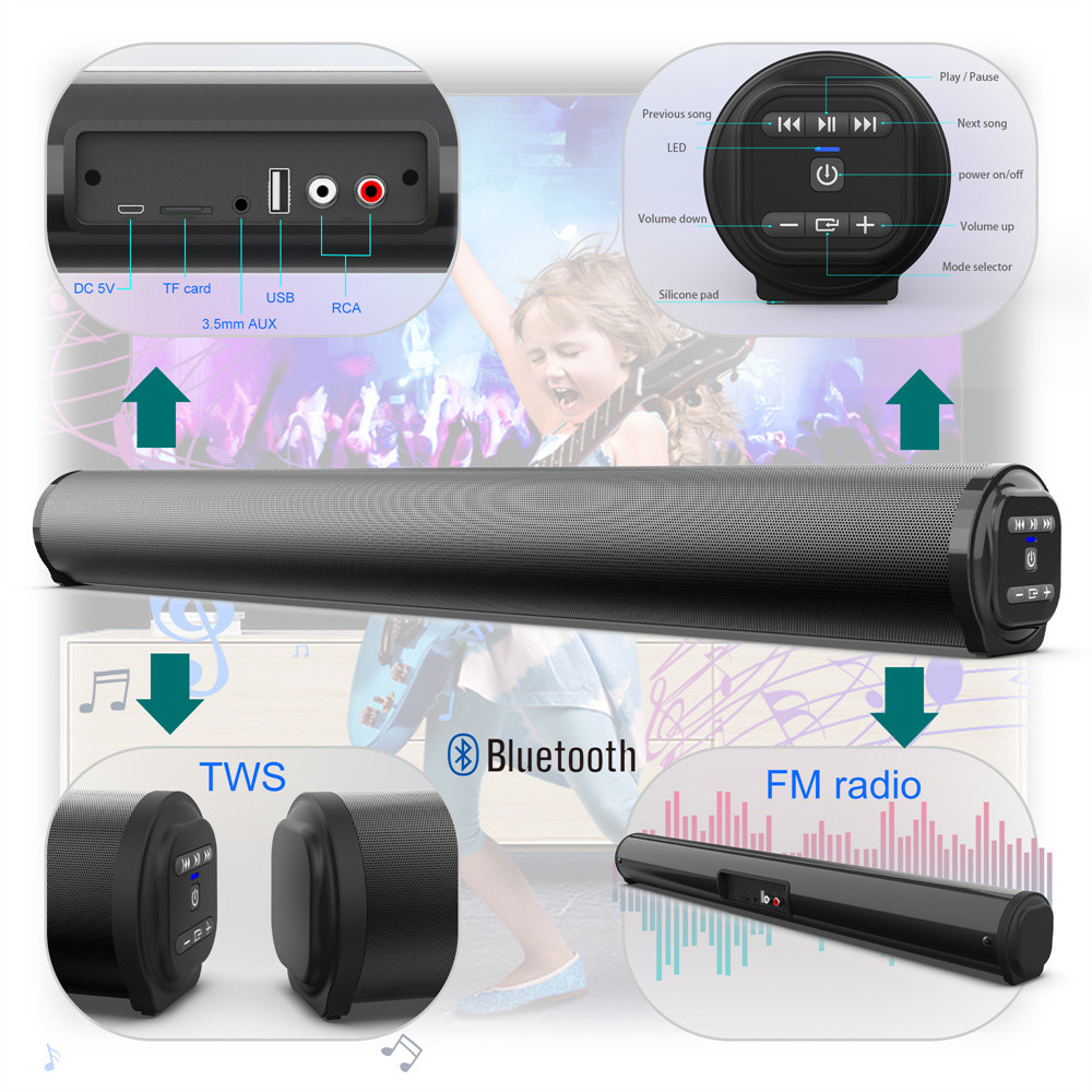 2.0CH Mini Bluetooth Soundbar Speaker With USB Inputs Black Color