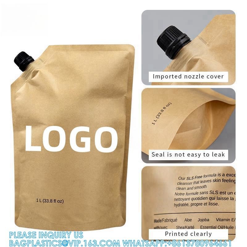Custom High Quality Bag Recyclable Kraft Paper Packaging Pouch Custom Printing Liquid Spout Pouch For Personal Care