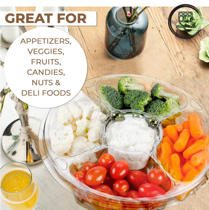 5 Section Round Serving Tray With Lid Plastic Platter Trays For Supermarket Veggie Display