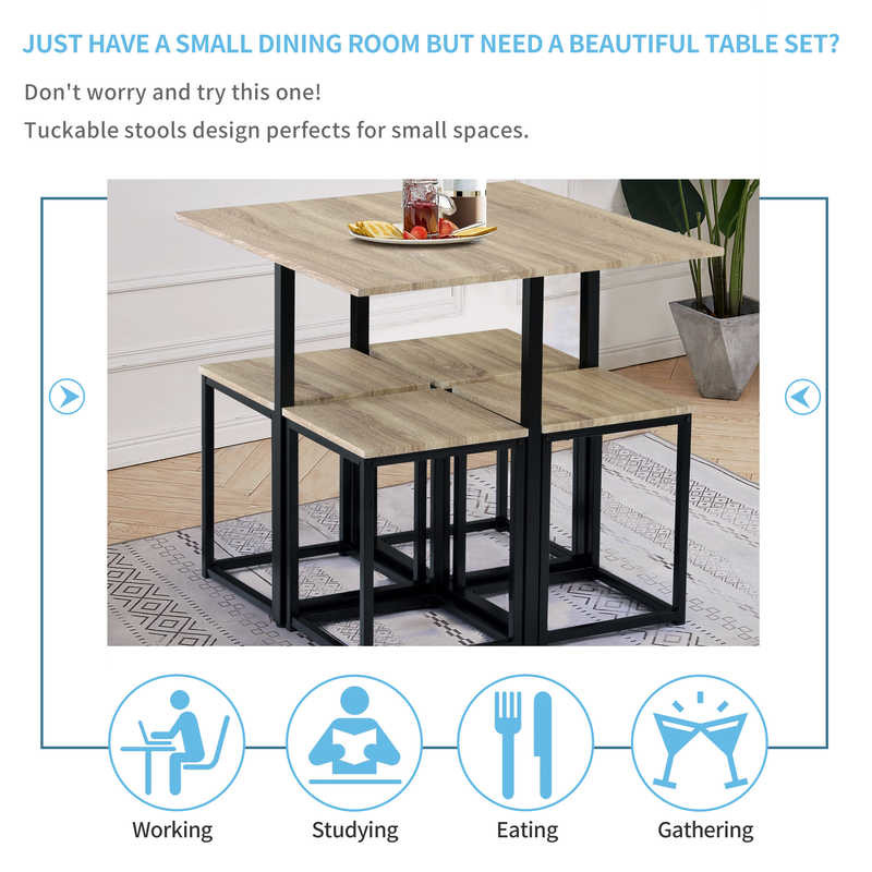 Oak MDF H30in Table 5 Piece Bar Stool Set / 5pc Pub Table Set
