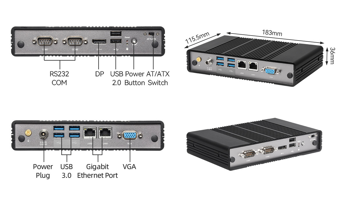 Intel Atom E3940 DDR3L 8GB Industrial PC Dual LAN Dual COM Fanless Mini Computer