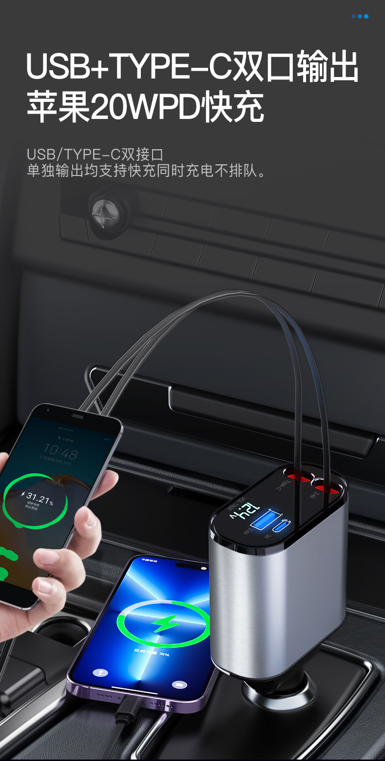 Compact 139*65*34.5mm Car Charger with 2 USB Part Output 5V/2.4A