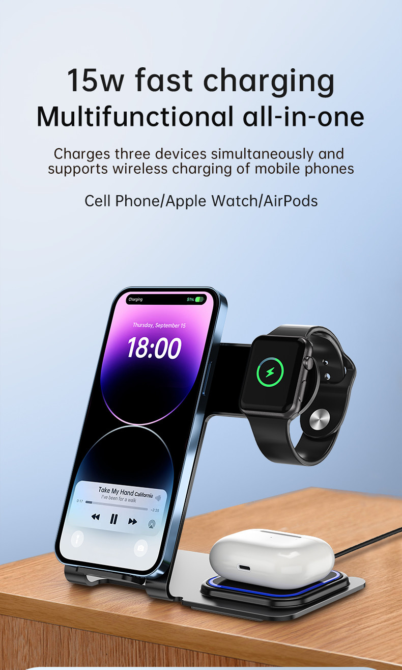 Aluminum Alloy 3 In 1 Wireless Charging Stand 15W Power Over Temperature Protection
