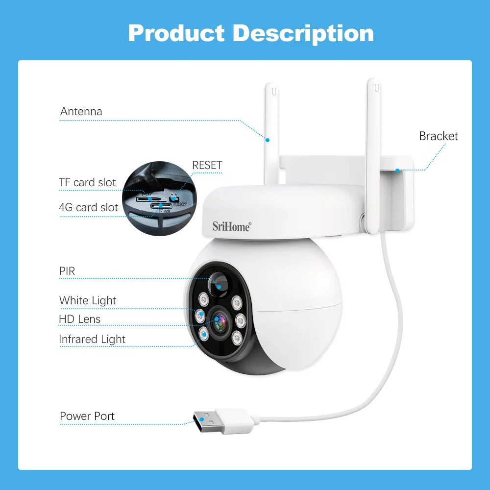 SriHome 4MP Solar 4G Battery Camera Outdoor Waterproof Two-way Audio Low Power Long Standby PTZ PIR Detection CCTV