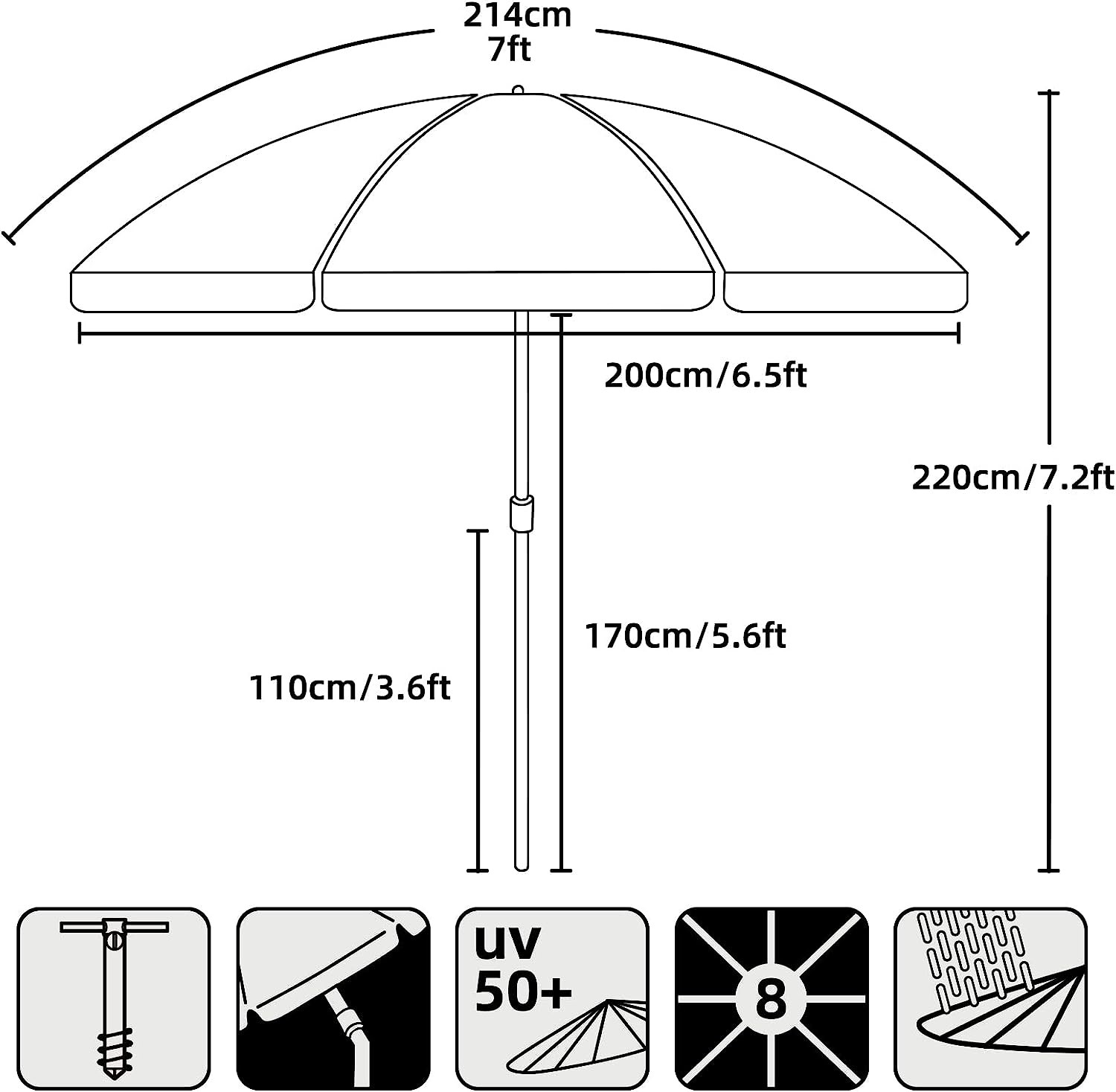 Heavy Duty High Wind Beach Umbrella Parasols Sand Anchor & Tilt Sun Shelter, UV 50+ Protection Outdoor Sunshade