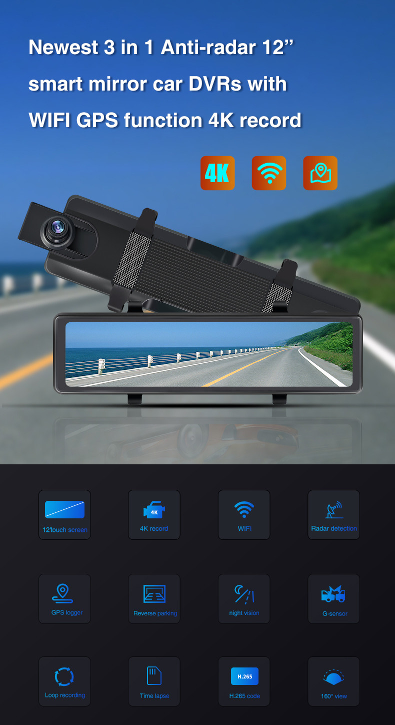 12 Inch Rearview Nextbase 4k Dash Cam WIFI GPS Car Dashboard Camera Recorder Radar Detection