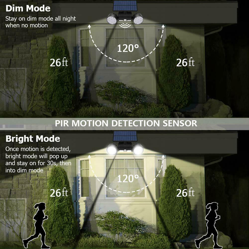 PIR Sensor 90lm 5V 1.3W Solar Wall Lamp Adjustable Angle Dual Head 2200mAh