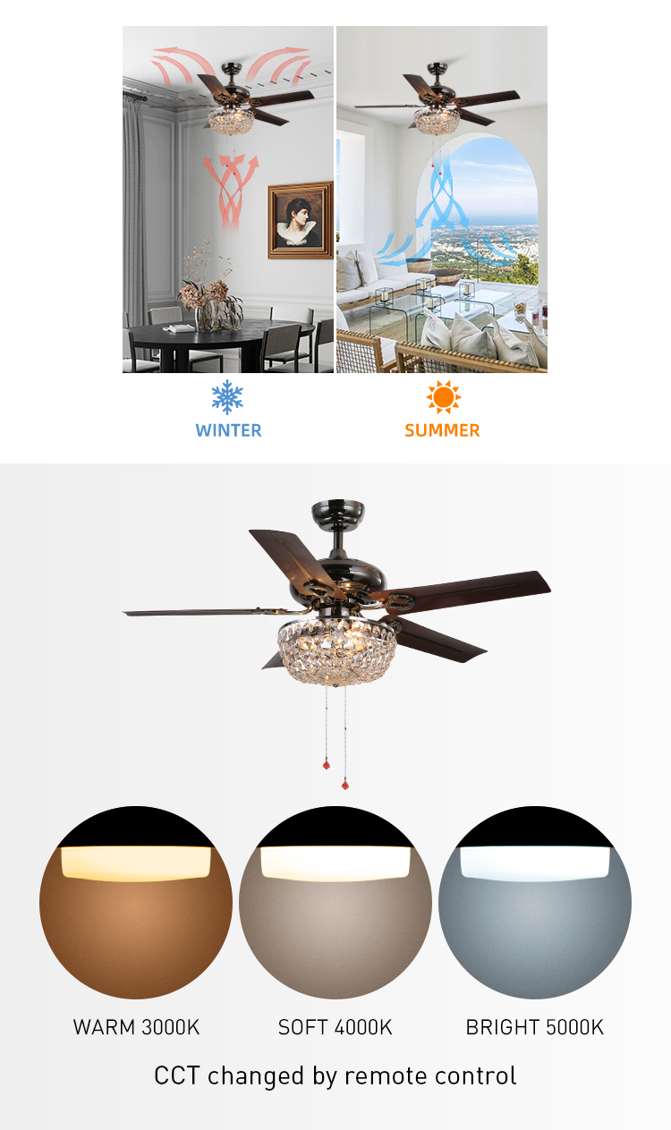Decorative Livingroom Office Metal Blades Pull Chain Crystal Ceiling Fan With Light