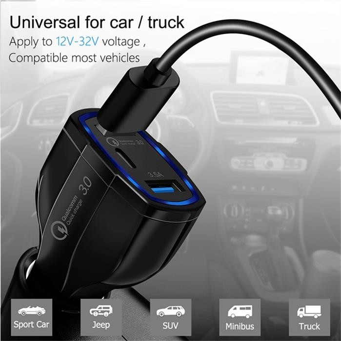 Type C Fast 3 Port USB Car Charger 35W QC3.0 3.1A