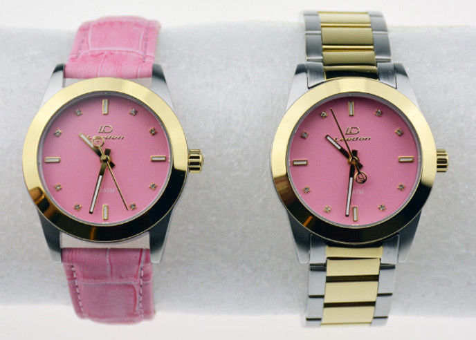 Female Pink Water Resistant Stainless Steel Watch With Genuine Leather Strap