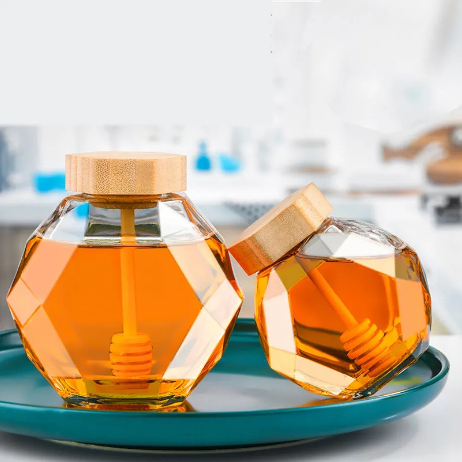 300ml Customized Hexagon Glass Honey Jars with Cork Sealing Type and Wooden Dipper