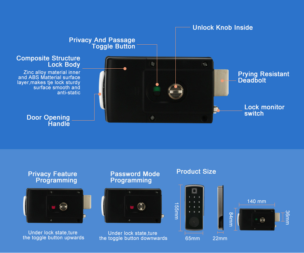 Smart Safety Automatic Password Card Bolt Lock With Black Zinc Alloy Material RIM Lock