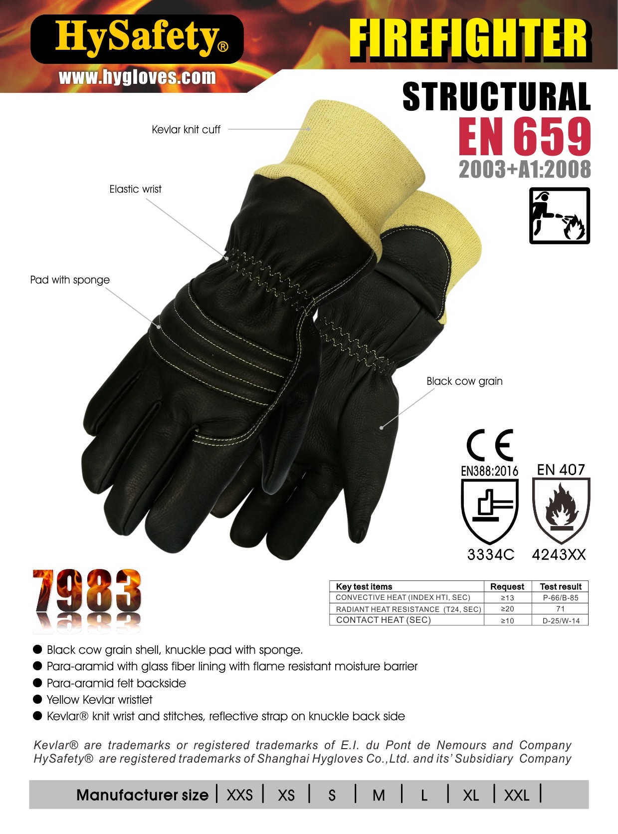 Cow Grain Structural Fire Fighting Gloves EN659 Wristlet With Kunckle Pad