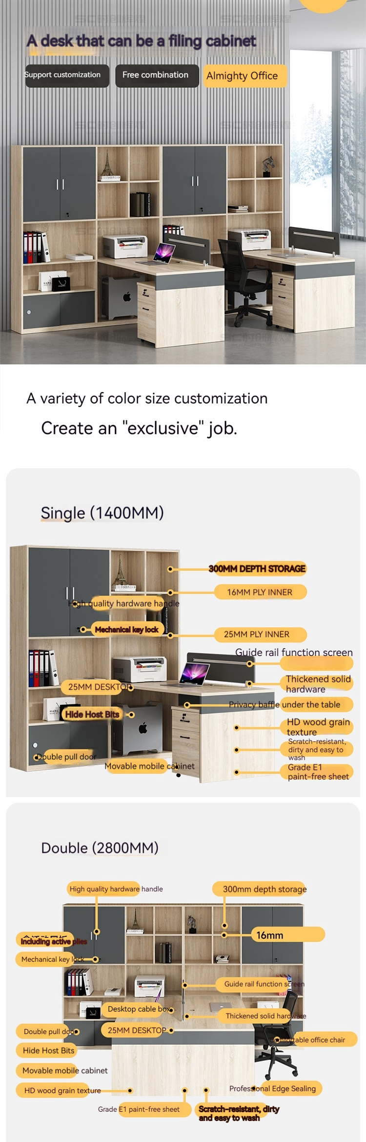 Double Seat Cabinet Screen Workstation Computer Desk Modernity Style for Finance Room