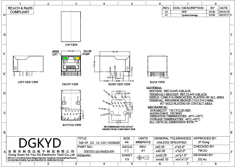 DGKYD311Q106AB2A4DN RJ45 Network Interface TAB UP Modular Jack Single Port PCB Interface Illuminated Shield