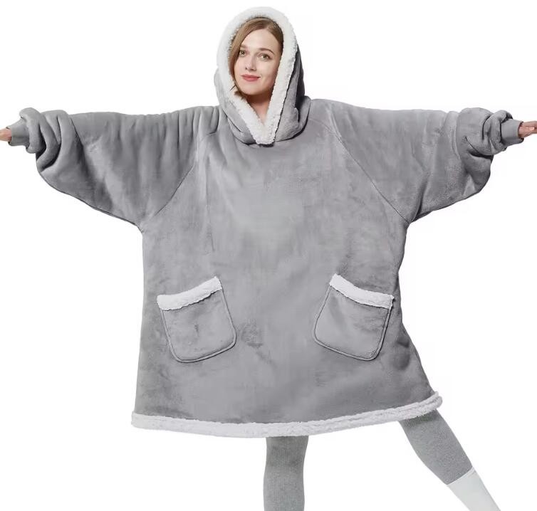 Long Sleeves Flannel Sherpa Oversized Hooded Blankets TV Hoodie Blanket