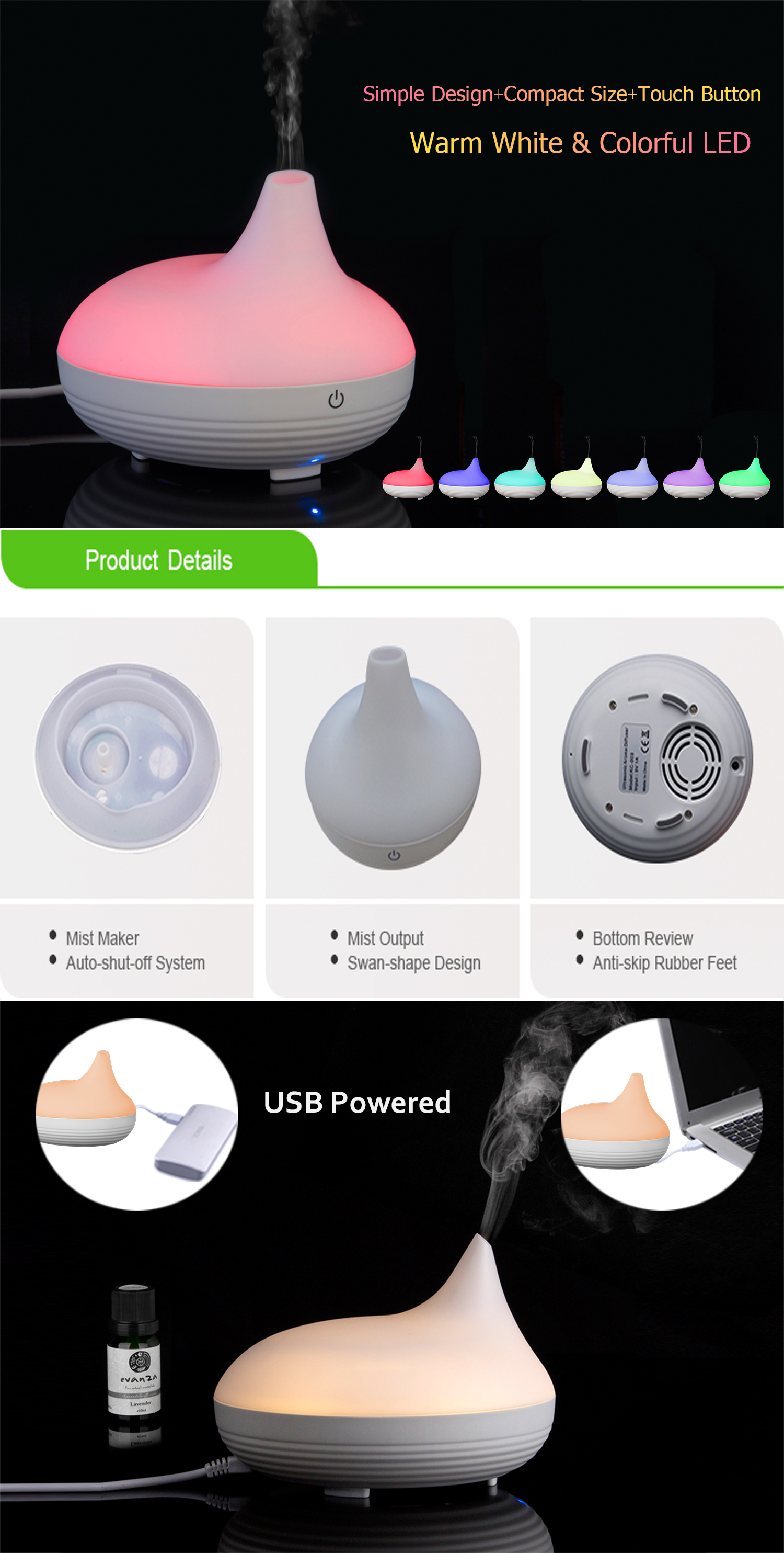 Personal Ultrasonic Cool Mist Aroma Diffuser With LED Night Light