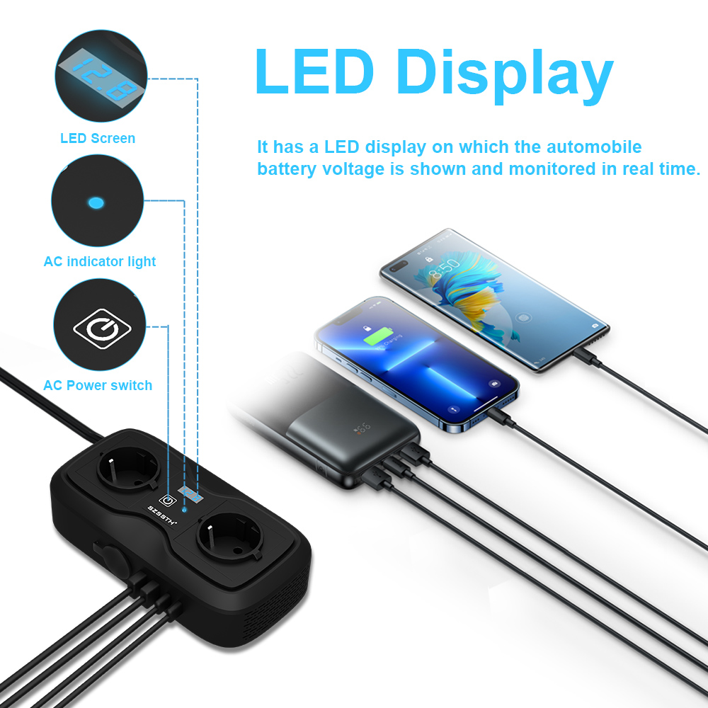 Car Power Inverter Dc 12v To 110v Ac Dual Usb 3.1A GaN PD Quick Charger