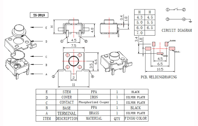 High Temperature Resistance Momentary Tactile Switch SMD Soldier Type Vertical Press