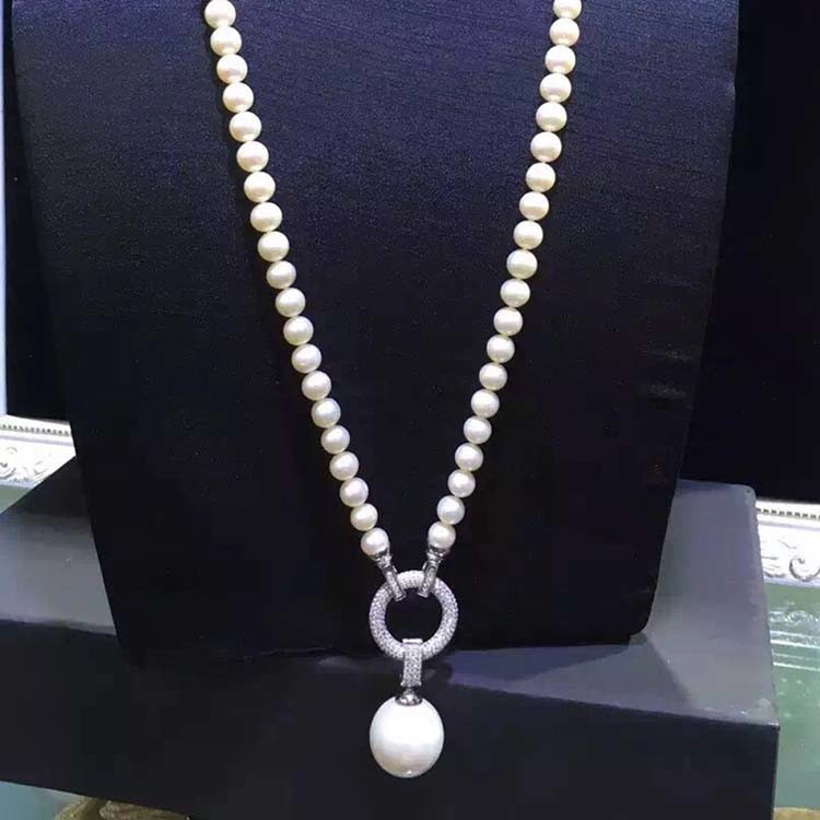 White Shell Pearl Strands Sweater Pendant Necklace with Cubic Zirocnia Charm (SN702144)