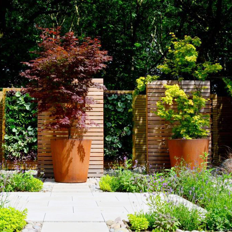 Large Rectangular Corten Steel Planter Box With Privacy Shielding Round Outdoor Metal Planter