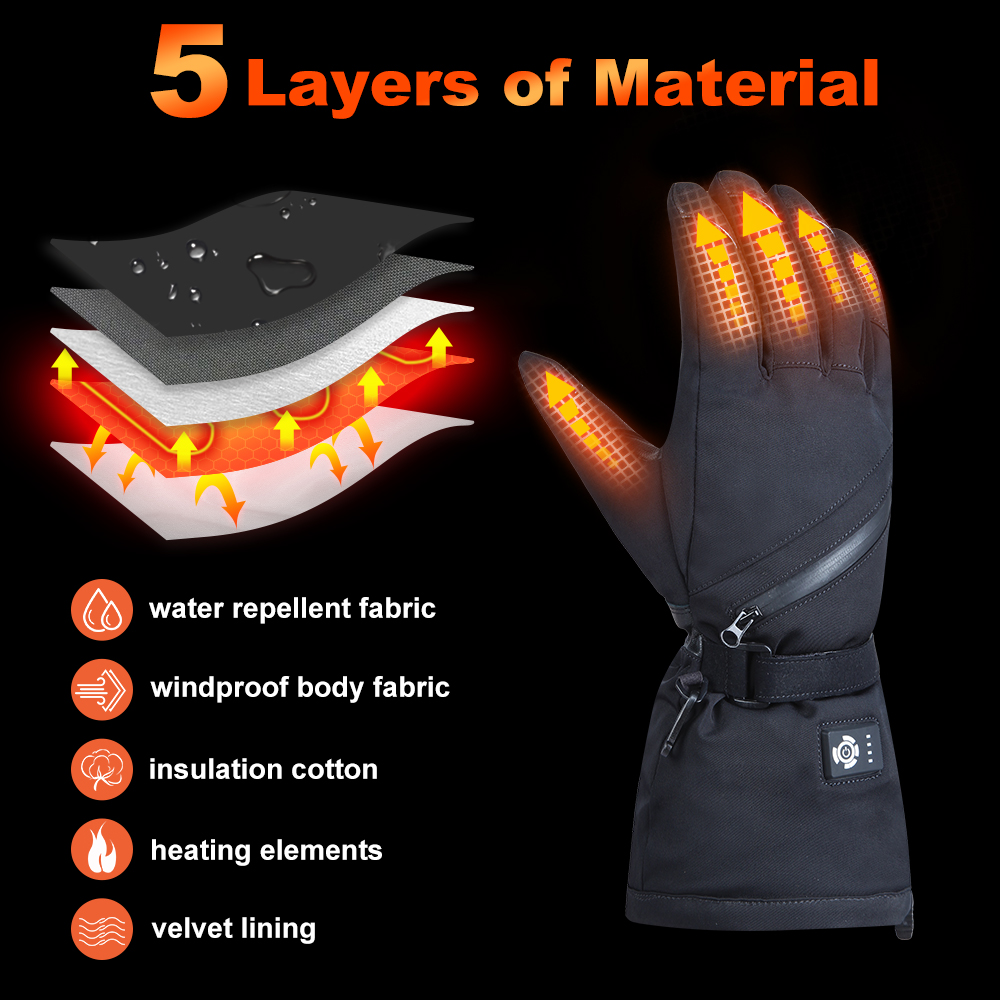7.4V Battery Rechargeable Heated Gloves Black Winter Snow Proof