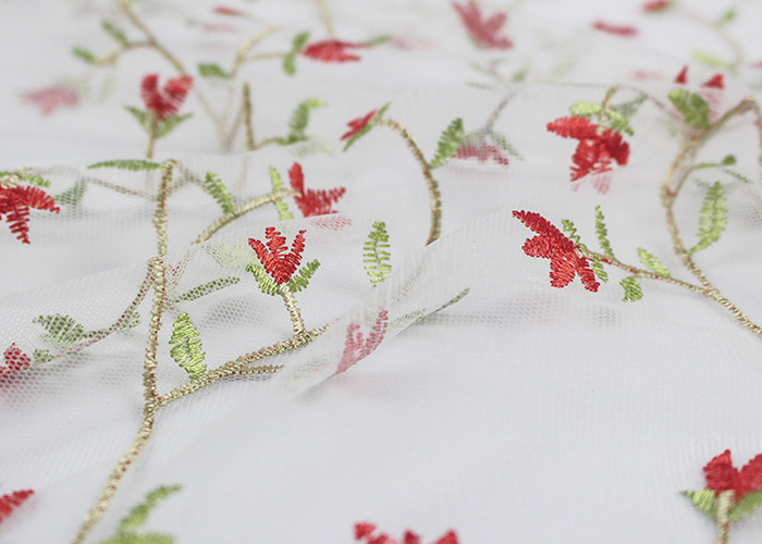 Multi Colored Floral Embroidered Lace Fabrics , Embroidery Mesh Fabric For Party