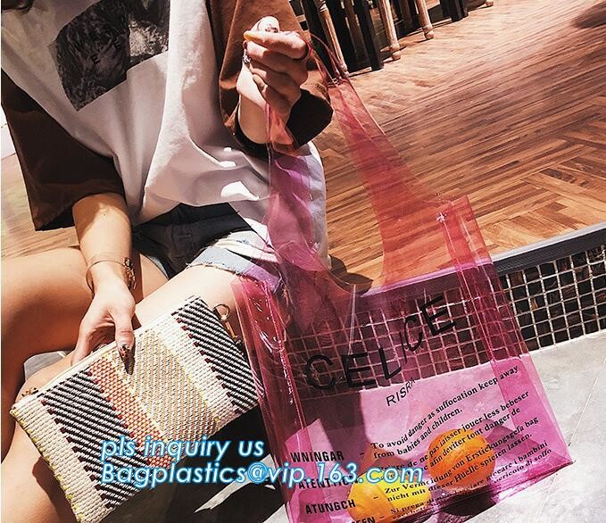 printed handle pvc bag pvc plastic bag, Stand up gift wine bottle packing recyclable PVC loop handle plastic bag, top se