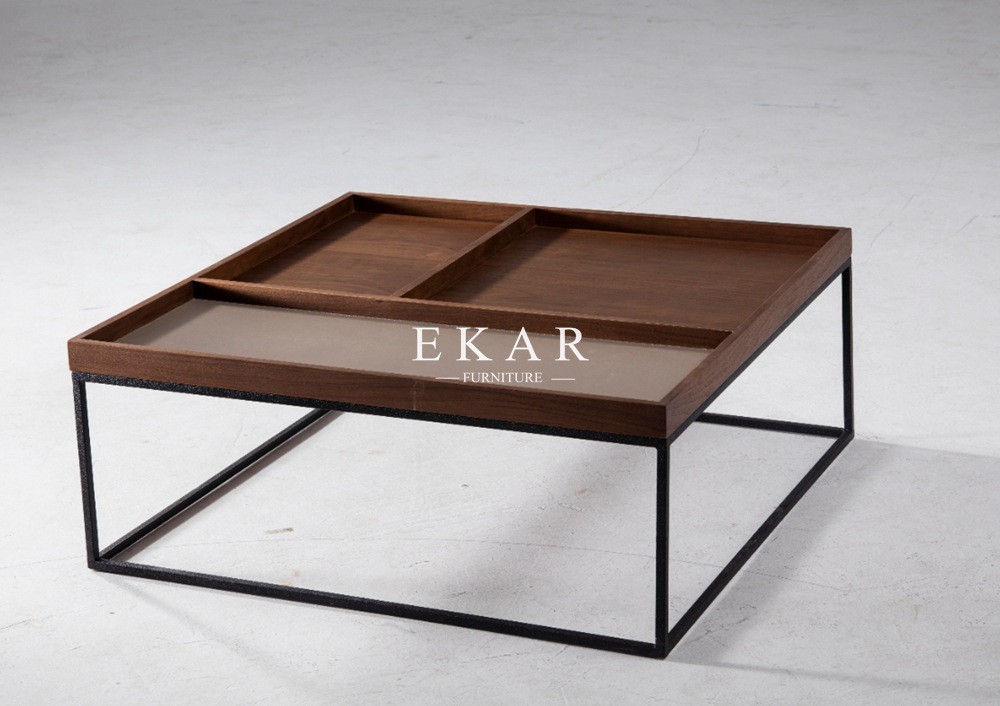 Living Room Square Shaped Metal Frame Wooden Modern Coffee Table
