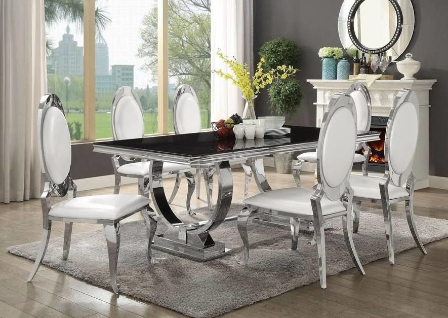 Silver Gold Stainless Steel Leg Dining Table Set 6 Seater With Marble Top