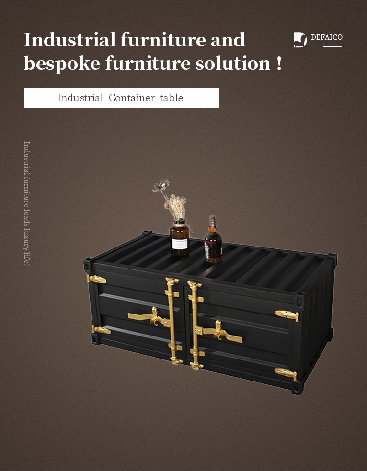 Black Iron Metal Shipping Container Coffee Table With Golden Handle