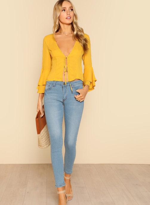 Lady deep v neck flounce sleeve sexy fashion blouse with tie