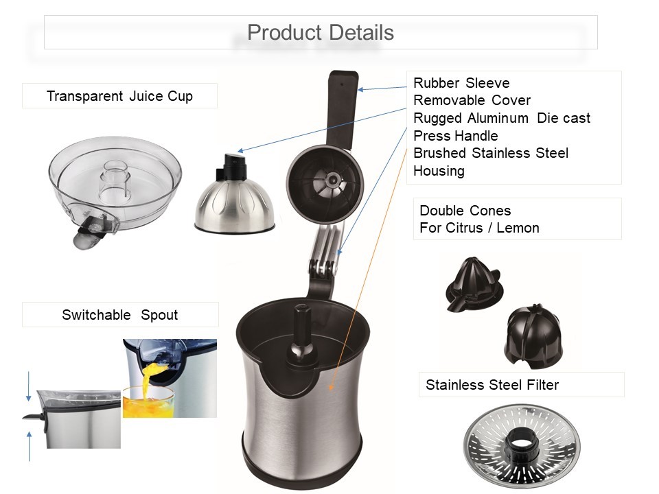 JC203 160W Stainless Steel Compact Citrus Press with Aluminmum Diecast Handle