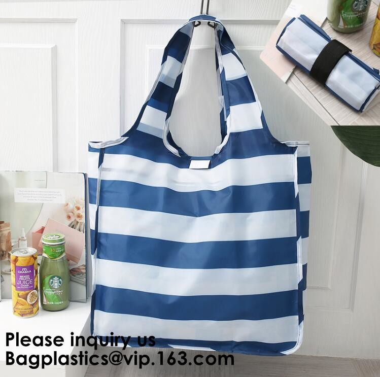 Printing Logo Polyester Handled Foldable Tote Bag With Snap Closure Foldable Bag Pocket Folding Nylon Shopping Bag