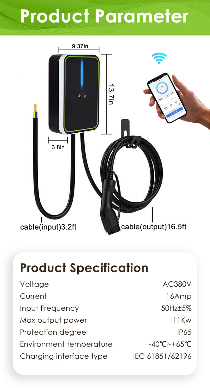 Electric Car Wall Box AC EV Charger 11kw 5m Wire 3phase 380v 16A With APP OEM ODM