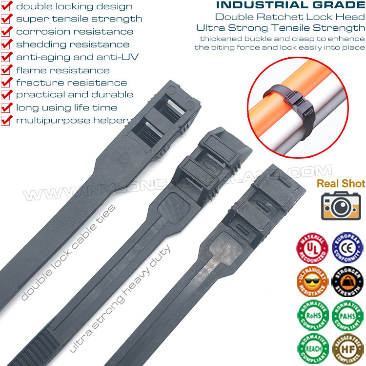Double Locking Cable Ties/Double Flat-Head Cable Ties, Black, Nylon (PA) 6.6, 760x9mm, 110lbs, 500N, Ø20~220mm, Outdoor Use