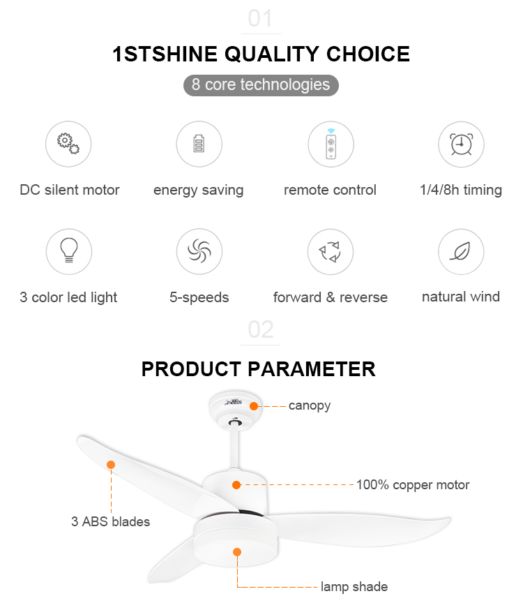 Home Office 44 inch 3 ABS Blades DC Motor Remote Control Decorative LED Ceiling Fan Light