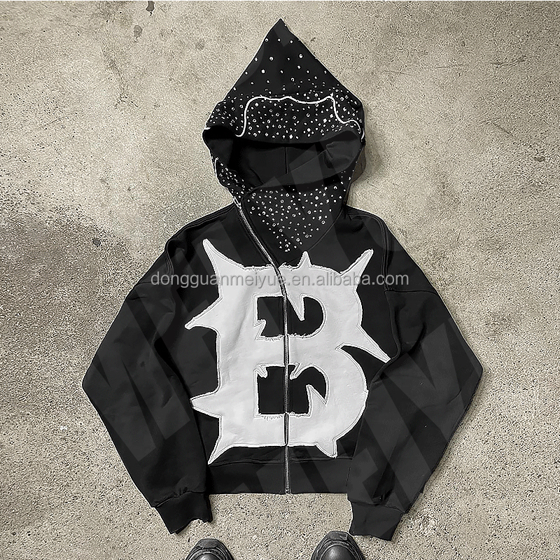 Heavyweight Distressed Applique Embroidery Hoodie Full Face Zip Up Hoodie Anti Shrink