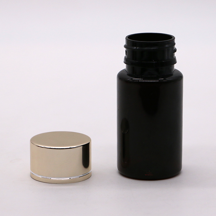GMP 50ML PET Plastic Medicine Tablet Pill Bottle Container with Gold Silver Coating Cap