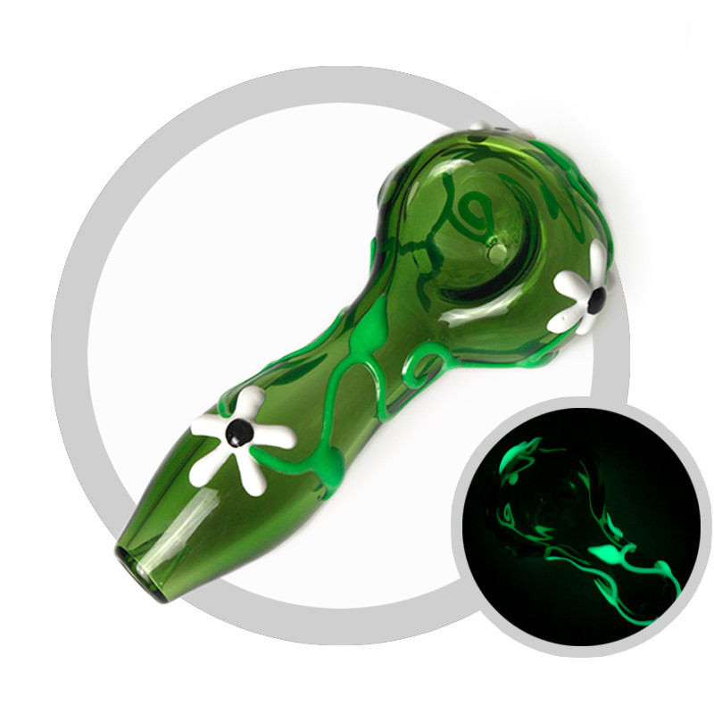Green Glass Smoking Pipe With Luminous Flower , Glass Hand Pipe For Smoking